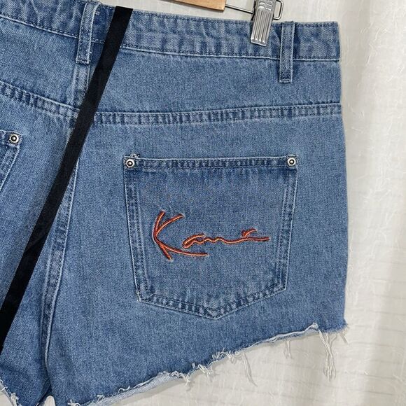 PLT x KARL KANI US12 Medium Vintage Wash Denim Cut Off Raw Fringe Hem Shorts - Picture 7 of 9